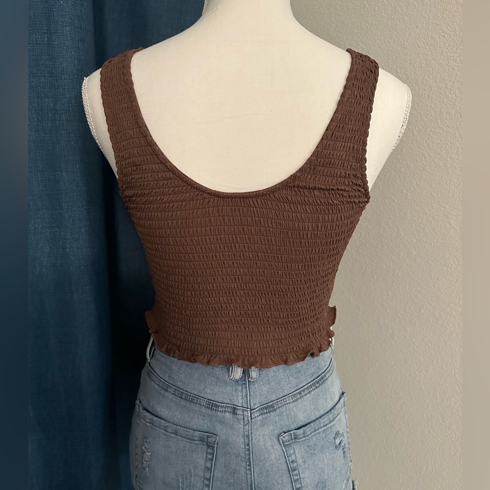 Brown Tank Ruffle Ribbed Stretchy Crop Top Size Small - Picture 5 of 5